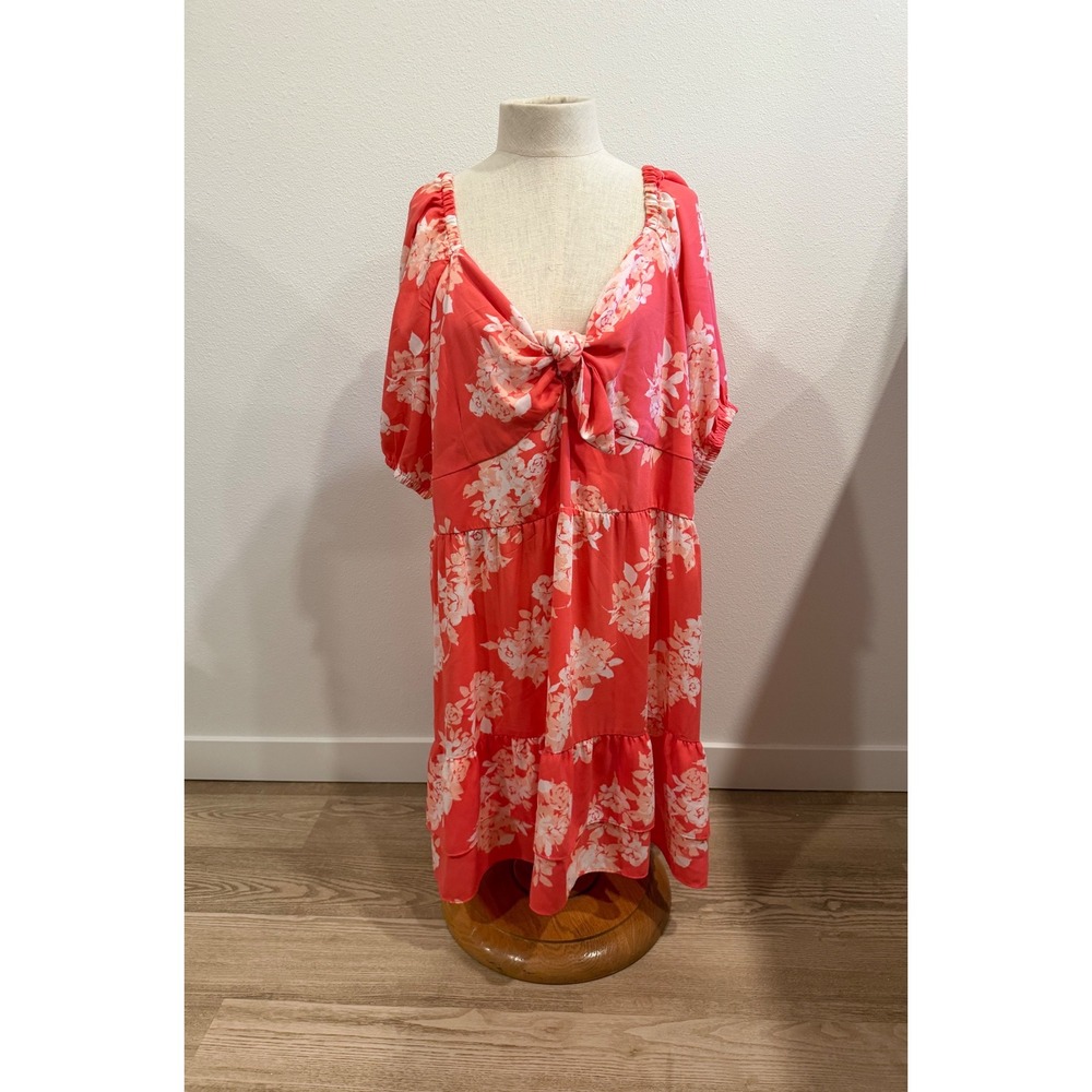 LC Lauren Conrad Floral Midi Dress Coral Pink Short Puff Sleeve Smocked Back 2X